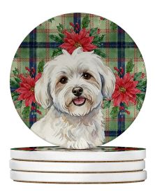 Coton de Tulear Christmas PoinsettIas Large Sandstone Coasters Pack of 4 Absorbent Round Coasters Decor Gifts for Men or Women, 4 in, Multicolor
