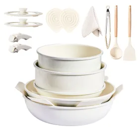 17-Piece Cookware Set, 5 Pots and 2 Lids, Removable Handles, Non-Stick Aluminum Pots and Pans, Microwave & Oven Safe, Dishwasher Safe, Cream Whit (Option: defaulttitle)