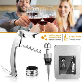 3Pcs Corkscrew Bottle Opener Set Tool Foil Cutter Drip Collar Protector Cork Stopper Wine Bottle Cap Opener (Color: Silvery)